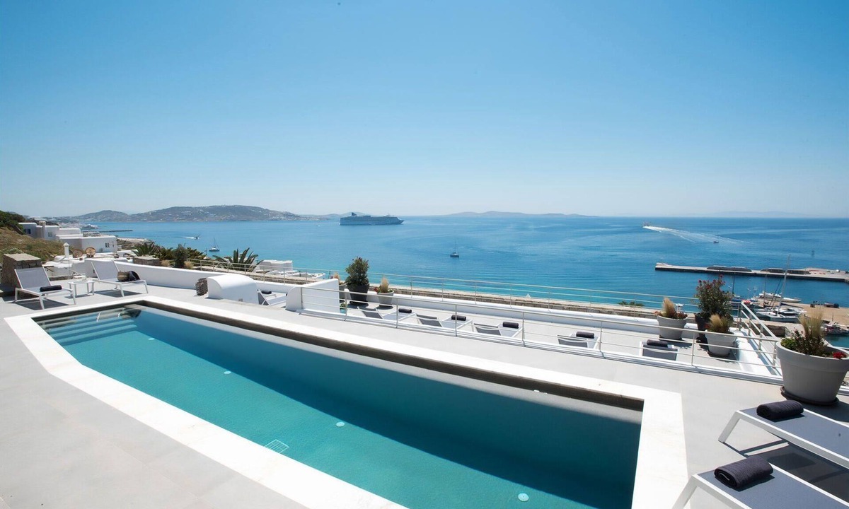 Tourlos Villa | My Rental Homes - Villa Oscar in luxury complex, with shared pool, sea view