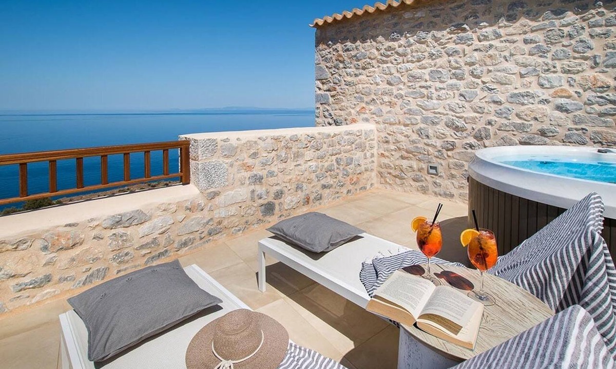 Areopoli Villa | Villa Solyra, Divine Sea Views, Private Hot Tub, Furnished Terrace, Shared.