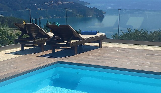 Private hillside villa with heated pool and magnificent views over Ionian Sea in Aspes