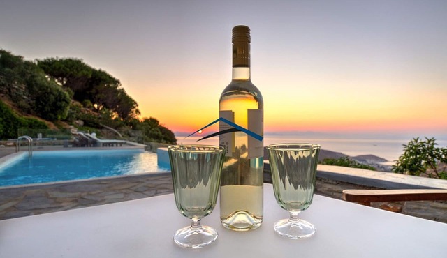 Villa Ailea with an infinity swimming pool and a great sunset and sea view. in Kea